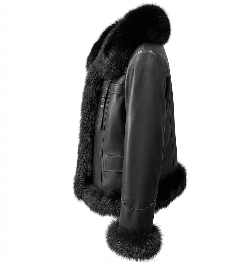 vourex Women’s Faux Fur Collar Elegant Leather Jacket side